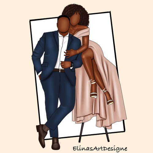 Illustration de portrait de couple noir : Clipart mariage Saint-Valentin (PNG)