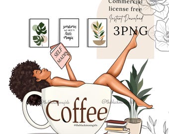 Coffee Lover Clipart: Black Girl Self Care PNG (Digital Download)