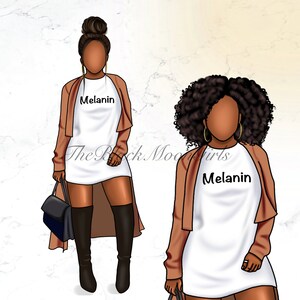 May include: Two illustrations of women with brown skin wearing white t-shirts with the word "Melanin" printed on them. Both women are wearing brown jackets and have brown hair. One woman has her hair in a bun and is wearing black boots. The other woman has curly hair and is holding a black bag.