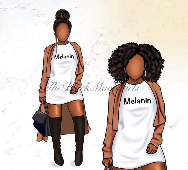 May include: Two illustrations of women with brown skin wearing white t-shirts with the word "Melanin" printed on them. Both women are wearing brown jackets and have brown hair. One woman has her hair in a bun and is wearing black boots. The other woman has curly hair and is holding a black bag.