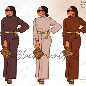 May include: Three digital illustrations of a woman wearing a jumpsuit and holding a leopard print clutch. The woman has brown skin, black hair, and is wearing sunglasses. The jumpsuits are in three different colors: brown, beige, and rust.