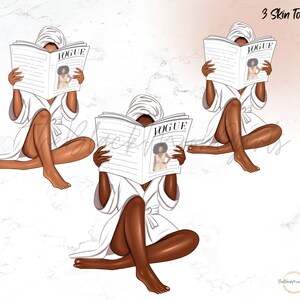 May include: Three illustrations of a person in a white bathrobe reading a magazine titled "Vogue".