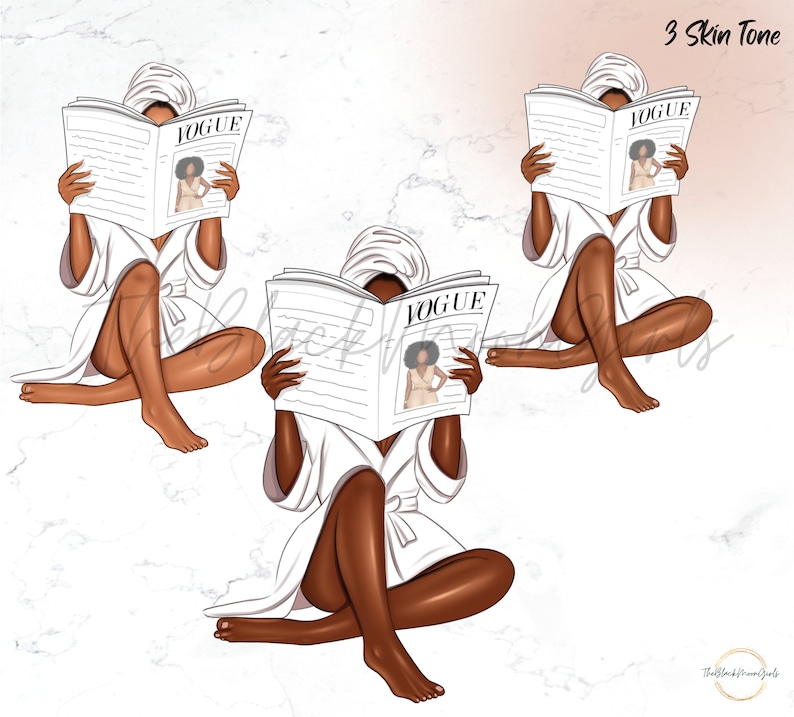 May include: Three illustrations of a person in a white bathrobe reading a magazine titled "Vogue".