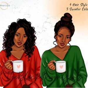 Peut inclure: Deux illustrations num&eacute;riques de femmes aux cheveux boucl&eacute;s, portant des pulls et tenant des tasses avec des c&oelig;urs dessus. Le texte "4 Hair Style 5 Sweater Color" est en haut de l'image.