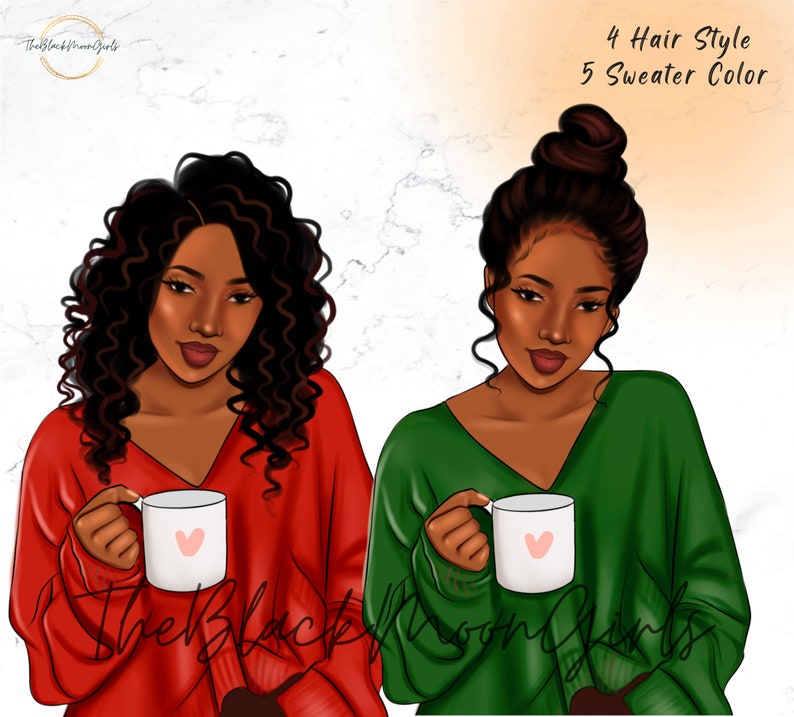 Peut inclure: Deux illustrations num&eacute;riques de femmes aux cheveux boucl&eacute;s, portant des pulls et tenant des tasses avec des c&oelig;urs dessus. Le texte "4 Hair Style 5 Sweater Color" est en haut de l'image.