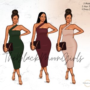 May include: Three digital illustrations of women wearing different colored dresses. The women have dark skin and are wearing one-shoulder dresses in green, burgundy, and beige. Each woman is holding a black clutch purse and has a similar hairstyle with a bun.