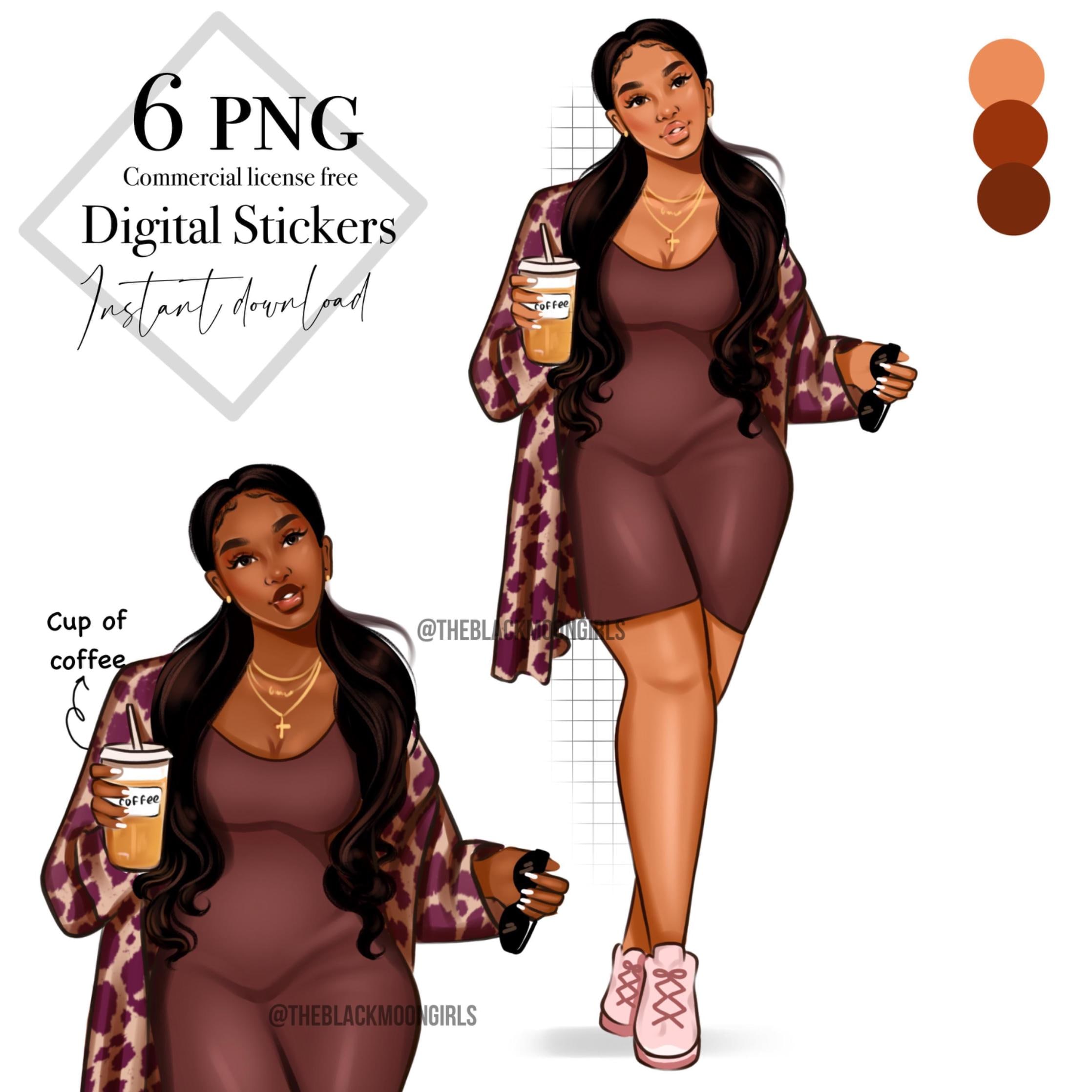 Black Girl holding coffee sticker,Black Girls digital stickers, Black Women Clipart, Black Girl PNG,Black Girl Sticker/Planner/Journal/Print