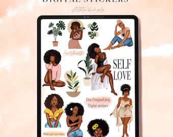 Black Girl Self-Care Digital Planner Stickers: GoodNotes Precropped PNGs