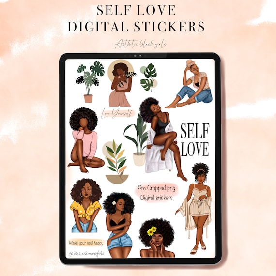 Black Girl Self-Care Digital Planner Stickers: GoodNotes Precropped PNGs
