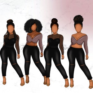 May include: Four women wearing black pants and tops with different styles. The women are wearing different hairstyles and have different skin tones.