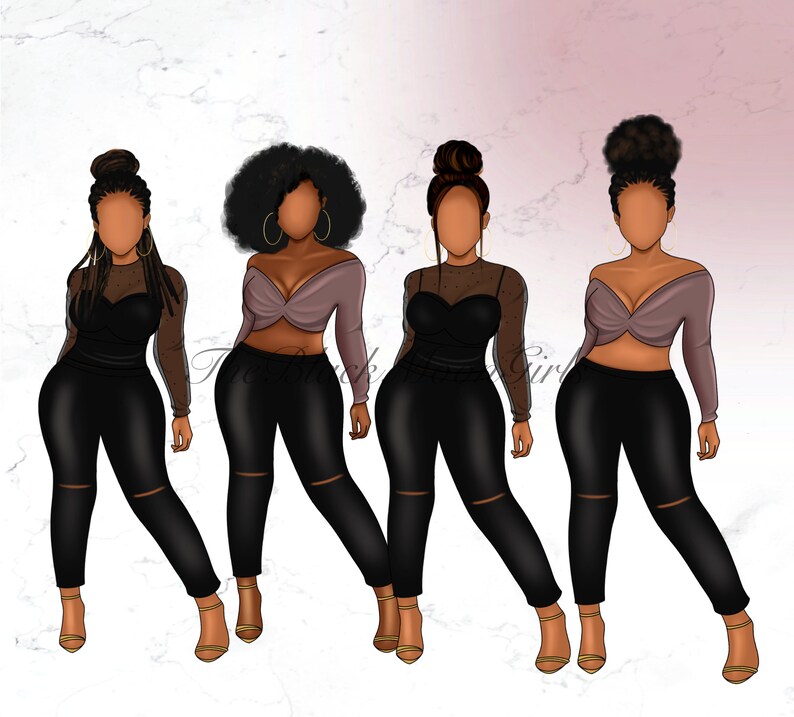 May include: Four women wearing black pants and tops with different styles. The women are wearing different hairstyles and have different skin tones.