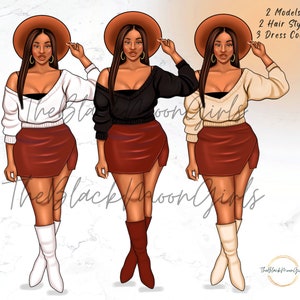 May include: Two digital illustrations of women wearing different colored sweaters and hats. The women are wearing brown skirts and white boots. The background is a marble pattern.
