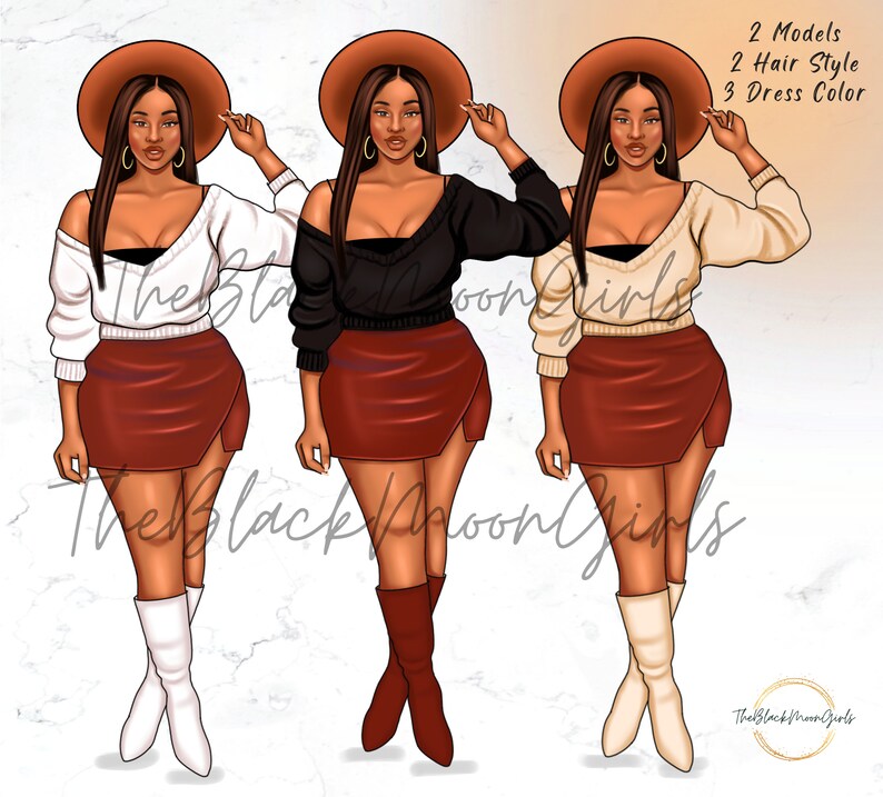 May include: Two digital illustrations of women wearing different colored sweaters and hats. The women are wearing brown skirts and white boots. The background is a marble pattern.