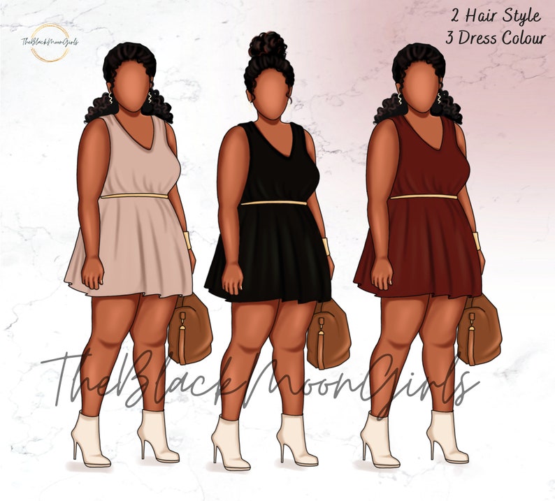 May include: Three illustrations of a person wearing a sleeveless dress with a belt. The dresses are in beige, black, and burgundy. The person has a bun and a different hairstyle in each illustration. The text "2 Hair Style 3 Dress Colour" is at the top of the image.