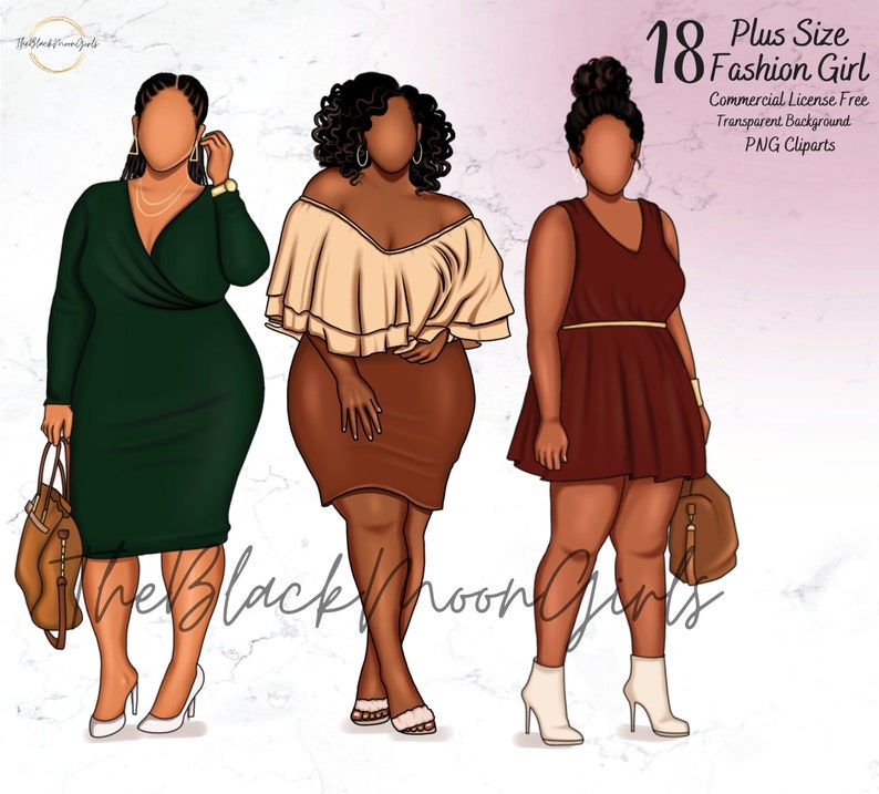 May include: Three digital illustrations of plus size women wearing different outfits. The woman on the left is wearing a green dress, the woman in the middle is wearing a brown skirt and a beige top, and the woman on the right is wearing a maroon dress.