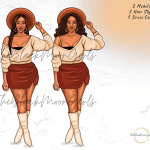 May include: Two digital illustrations of women with brown skin wearing brown hats, cream sweaters, and brown skirts. The women have different hairstyles. The background is a light brown with a marble pattern.