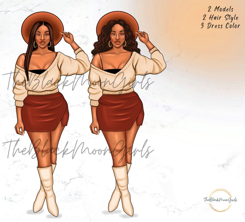 May include: Two digital illustrations of women with brown skin wearing brown hats, cream sweaters, and brown skirts. The women have different hairstyles. The background is a light brown with a marble pattern.