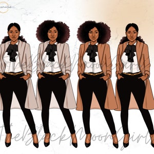 Op de afbeelding: Vier digitale illustraties van vrouwen met een bruine huid die een zwarte broek, een wit overhemd met een zwarte strik en een lange jas in verschillende bruintinten dragen. De vrouwen hebben krullend zwart haar en staan met hun handen in hun zakken.