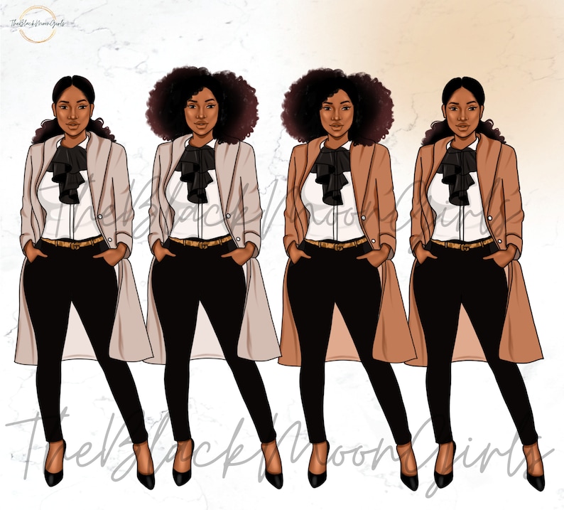 Op de afbeelding: Vier digitale illustraties van vrouwen met een bruine huid die een zwarte broek, een wit overhemd met een zwarte strik en een lange jas in verschillende bruintinten dragen. De vrouwen hebben krullend zwart haar en staan met hun handen in hun zakken.