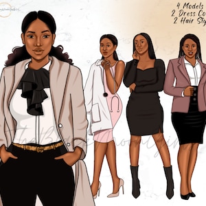 Op de afbeelding: Vier digitale illustraties van een zwarte vrouw in verschillende outfits. De vrouw draagt een wit shirt met een zwarte strik, een beige jas, een zwarte broek en een bruine riem. De tweede vrouw draagt een witte doktersjas, een roze jurk en zwarte hakken. De derde vrouw draagt een zwarte jurk en zwarte hakken. De vierde vrouw draagt een roze blazer, een wit shirt, een zwarte rok en zwarte hakken. De tekst "4 Modellen 2 Kleuren Jurk 2 Haar Stijlen" staat bovenaan de afbeelding.