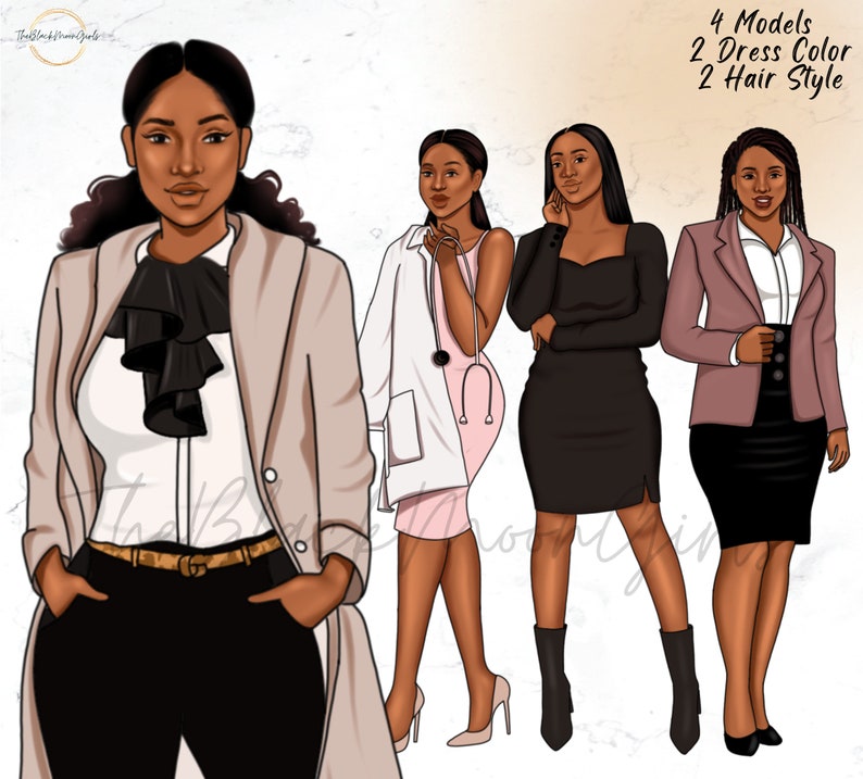 Op de afbeelding: Vier digitale illustraties van een zwarte vrouw in verschillende outfits. De vrouw draagt een wit shirt met een zwarte strik, een beige jas, een zwarte broek en een bruine riem. De tweede vrouw draagt een witte doktersjas, een roze jurk en zwarte hakken. De derde vrouw draagt een zwarte jurk en zwarte hakken. De vierde vrouw draagt een roze blazer, een wit shirt, een zwarte rok en zwarte hakken. De tekst "4 Modellen 2 Kleuren Jurk 2 Haar Stijlen" staat bovenaan de afbeelding.
