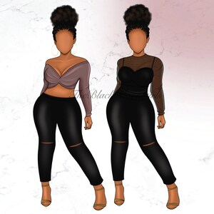 May include: Two illustrations of a person wearing black pants with ripped knees and a top. One person is wearing a purple off-the-shoulder top and the other is wearing a black sheer top with polka dots.