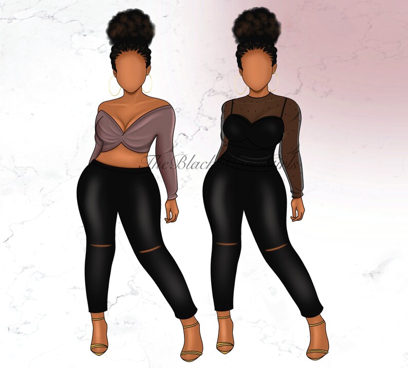 May include: Two illustrations of a person wearing black pants with ripped knees and a top. One person is wearing a purple off-the-shoulder top and the other is wearing a black sheer top with polka dots.
