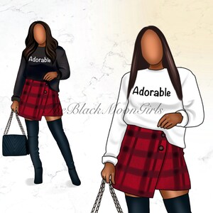 May include: Two illustrations of women wearing red and black plaid skirts with black boots. Both women are wearing white shirts with the word "Adorable" printed on them. One woman is wearing a black sweater with the word "Adorable" printed on it.
