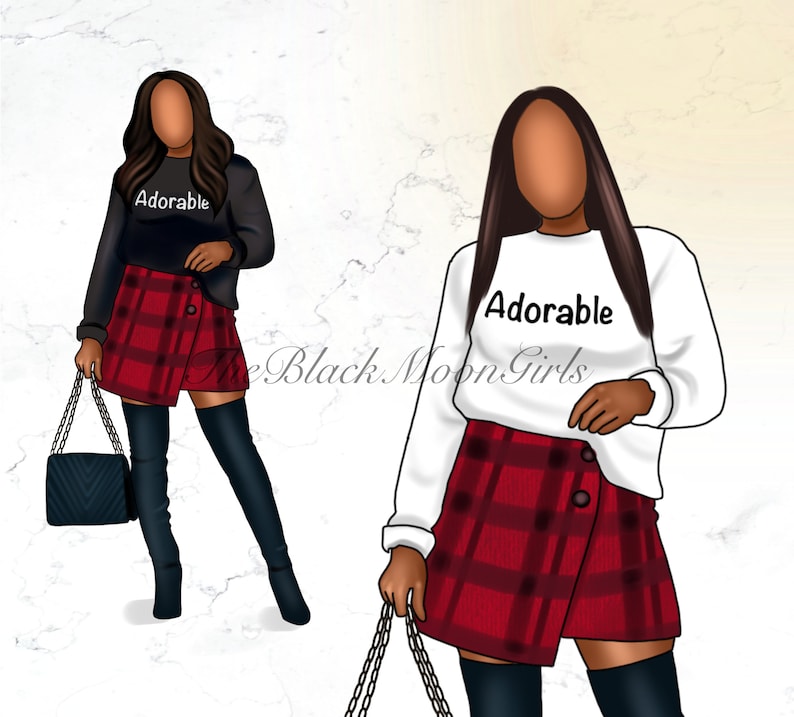 May include: Two illustrations of women wearing red and black plaid skirts with black boots. Both women are wearing white shirts with the word "Adorable" printed on them. One woman is wearing a black sweater with the word "Adorable" printed on it.
