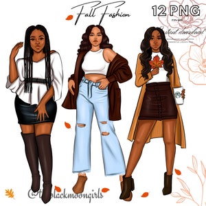 Fall Fashion Girls Clipart: African American PNG (Digital Download)