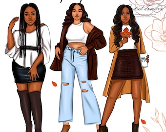 Fall Fashion Girls Clipart: African American PNG (Digital Download)