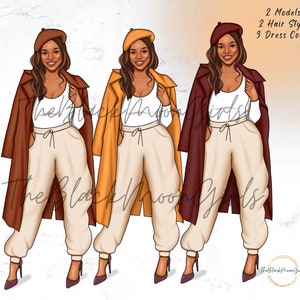 May include: Three digital illustrations of women wearing different colored coats, berets, and pants. The women have brown skin and long brown hair. The coats are brown, yellow, and burgundy. The berets are brown, yellow, and burgundy. The pants are beige.