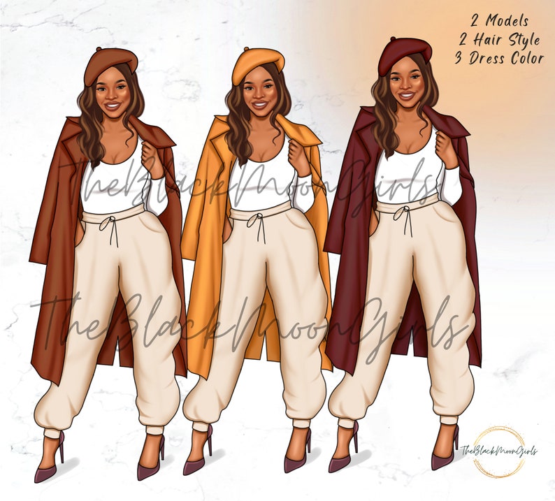 May include: Three digital illustrations of women wearing different colored coats, berets, and pants. The women have brown skin and long brown hair. The coats are brown, yellow, and burgundy. The berets are brown, yellow, and burgundy. The pants are beige.