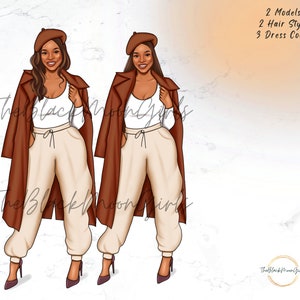 May include: Two digital illustrations of women wearing brown coats, white shirts, beige pants, and berets. The women have long dark hair and are standing with their hands in their pockets.
