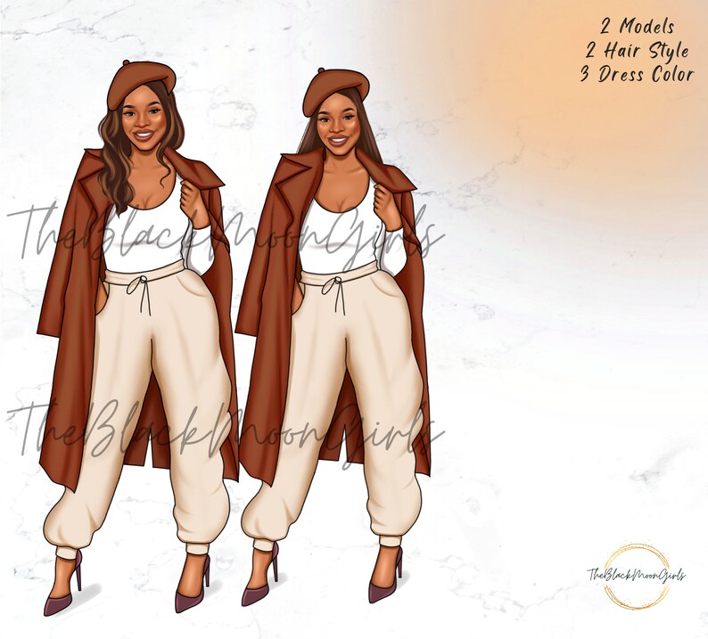 May include: Two digital illustrations of women wearing brown coats, white shirts, beige pants, and berets. The women have long dark hair and are standing with their hands in their pockets.