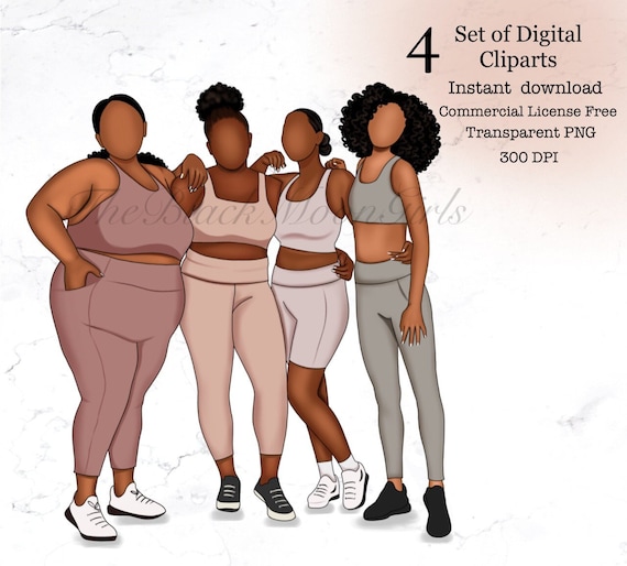 Women in Different Body Shapes Clipart, Curvy Girl Clipart, Black Women  Clipart, African American Fitness Clipart 