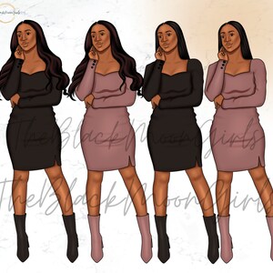 Op de afbeelding: Drie digitale illustraties van vrouwen met lang zwart haar die verschillende outfits dragen. De vrouwen dragen een zwarte jurk, een roze jurk en een zwarte jurk. Ze staan ​​allemaal met hun handen op hun heupen en kijken naar de camera.