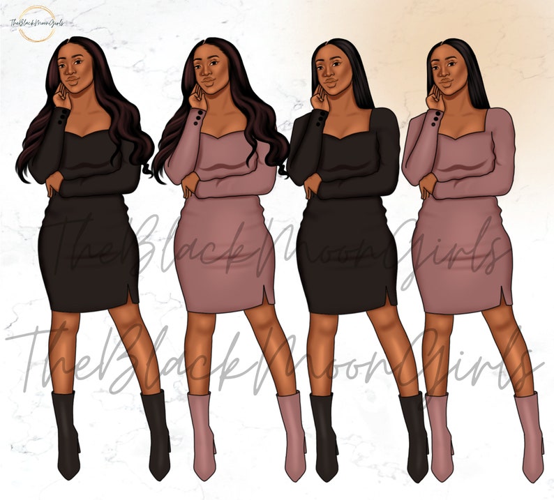 Op de afbeelding: Drie digitale illustraties van vrouwen met lang zwart haar die verschillende outfits dragen. De vrouwen dragen een zwarte jurk, een roze jurk en een zwarte jurk. Ze staan ​​allemaal met hun handen op hun heupen en kijken naar de camera.