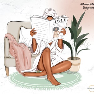 May include: A woman in a white robe and a white towel on her head is sitting on a light green rug. She is reading a magazine called "VOGUE".