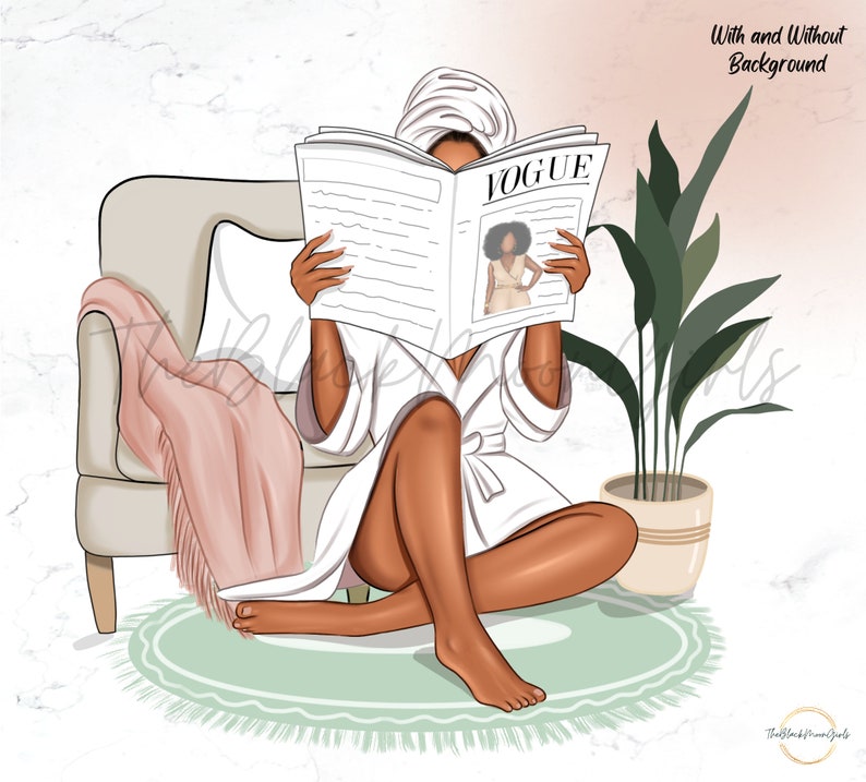 May include: A woman in a white robe and a white towel on her head is sitting on a light green rug. She is reading a magazine called "VOGUE".