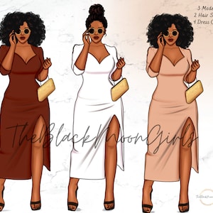 May include: Three digital illustrations of women with different skin tones wearing long, fitted dresses with a slit up the side. The women are wearing sunglasses and holding a gold clutch purse. The text "The Black Moon Girls" is visible at the bottom of the image.