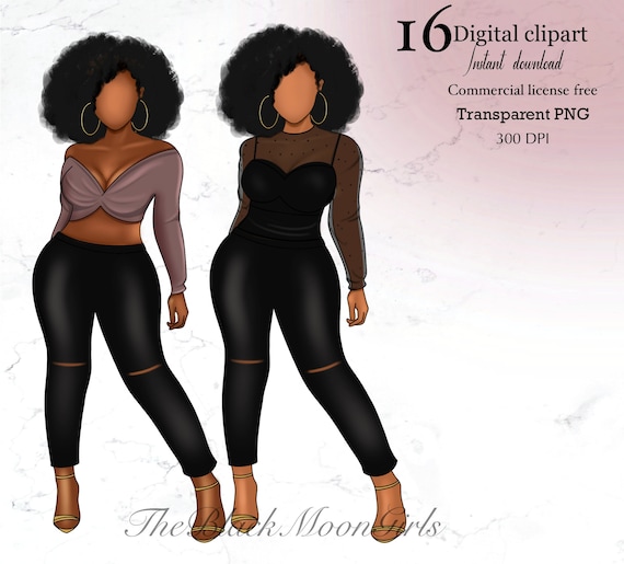 Black Woman Clipart: Fashion Girl Illustrations (PNG Digital Download)