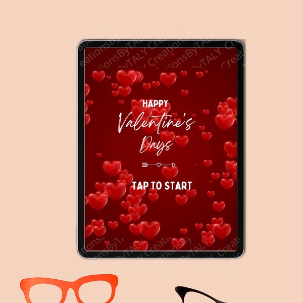 Toucher de la Saint-Valentin pour démarrer iPad Photo Booth Screen Set, Vidéo d’arrière-plan, Modèle de cœurs, Interface invité Salsa, cabine miroir, surface pro