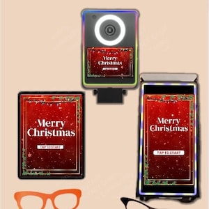 May include: Three digital photo booth frames with a red background and white text that reads "Merry Christmas" and "Tap to Start".