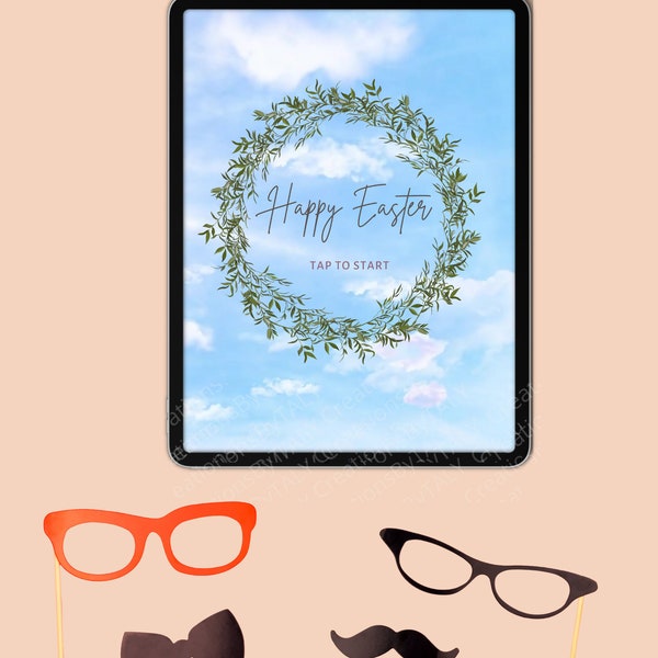 Easter Photo Booth Tap to start screen/easter sky photo booth screen/Salsa booth/Guest interface/Background video/mirror booth surface pro