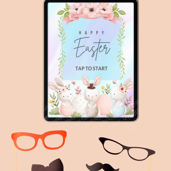 Easter Photo Booth Tap to start screen/Easter Bunny photo booth screen/Salsa booth/Guest interface/Background video/mirror booth surface pro