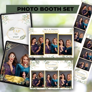 May include: Photo booth set featuring a tablet with "TAP TO START" text and photo strips with "TALY & FREDDY WEDDING" text. The photo booth images show women posing with props. The set includes gold and green decorative elements.