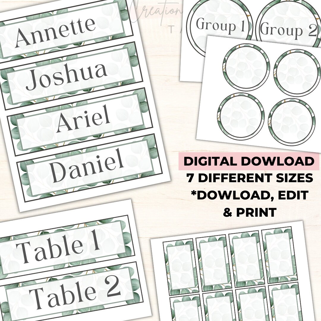 Eucalyptus Name Tags, Classroom Labels, Editable Student Locker Name Tags Classroom tags, printable labels, modern Botanical farmhouse label