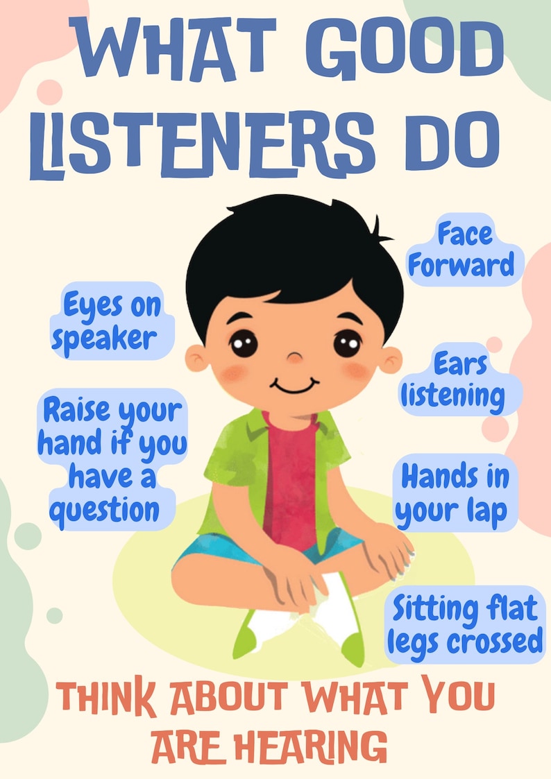 May include: An illustration of a child sitting with their legs crossed and hands in their lap. The child is looking forward with their eyes on the speaker. The text "WHAT GOOD LISTENERS DO" is at the top of the image. The text "THINK ABOUT WHAT YOU ARE HEARING" is at the bottom of the image. The image also includes the following text: "Face Forward", "Eyes on speaker", "Raise your hand if you have a question", "Ears listening", "Hands in your lap", and "Sitting flat legs crossed".
