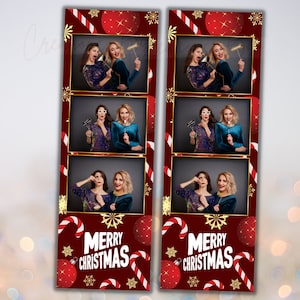 May include: A red and white photo booth backdrop with a Christmas theme. The backdrop features candy canes, snowflakes, and baubles. The text "Merry Christmas" is printed in white on the backdrop.